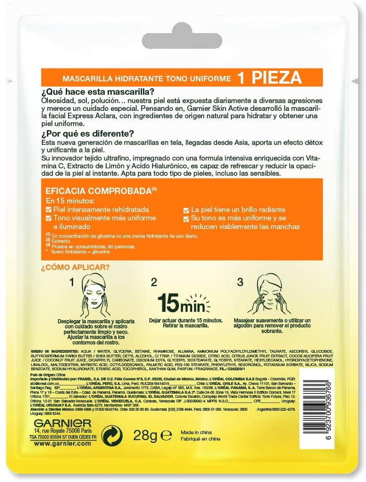 Mascarilla Facial en Tela  Vitamina C Express Aclara Garnier