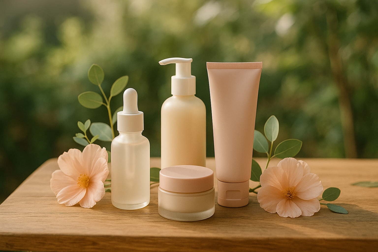 A table with skincare. Femine enviromental 
