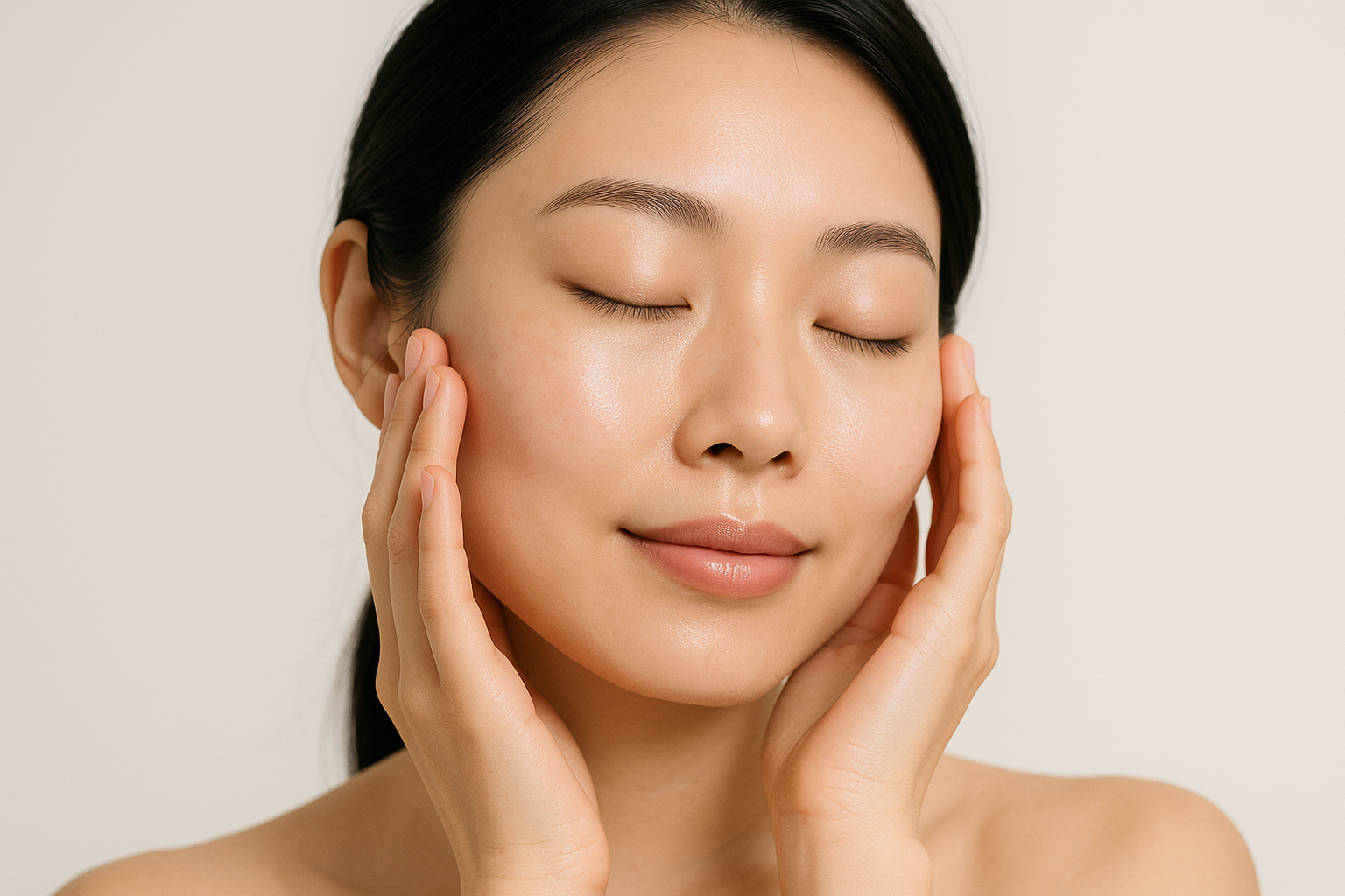 Close up de una chica coreana acariciando su cara con skincare